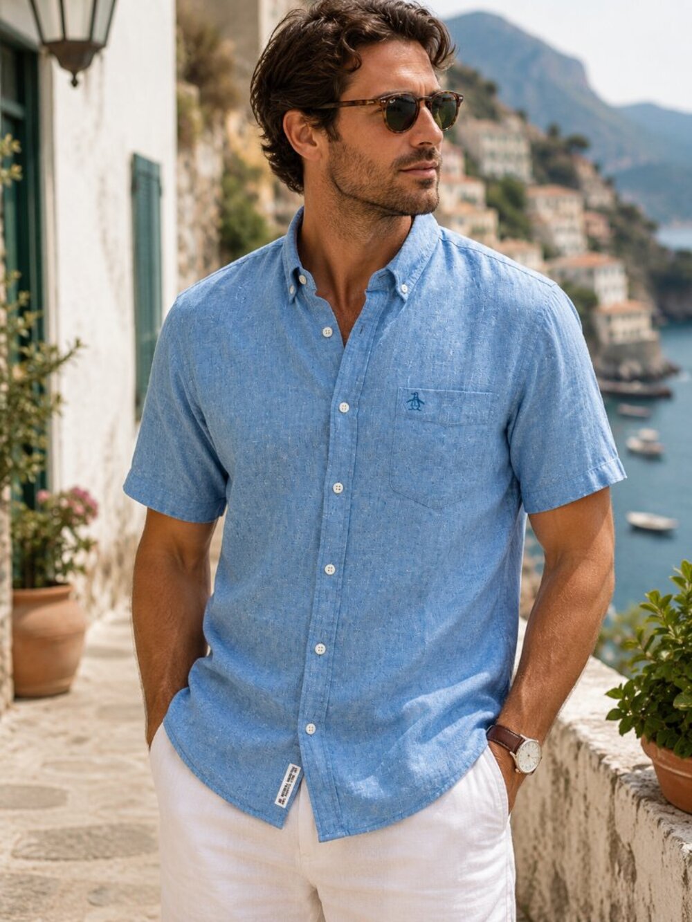 Original Penguin Linen Cotton Short Sleeve Shirt Blue Large